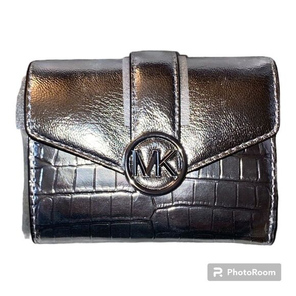 Michael Kors Trifold Wallet - Croc Embossed PU Leather, Silver Metallic Finish - Picture 1 of 9